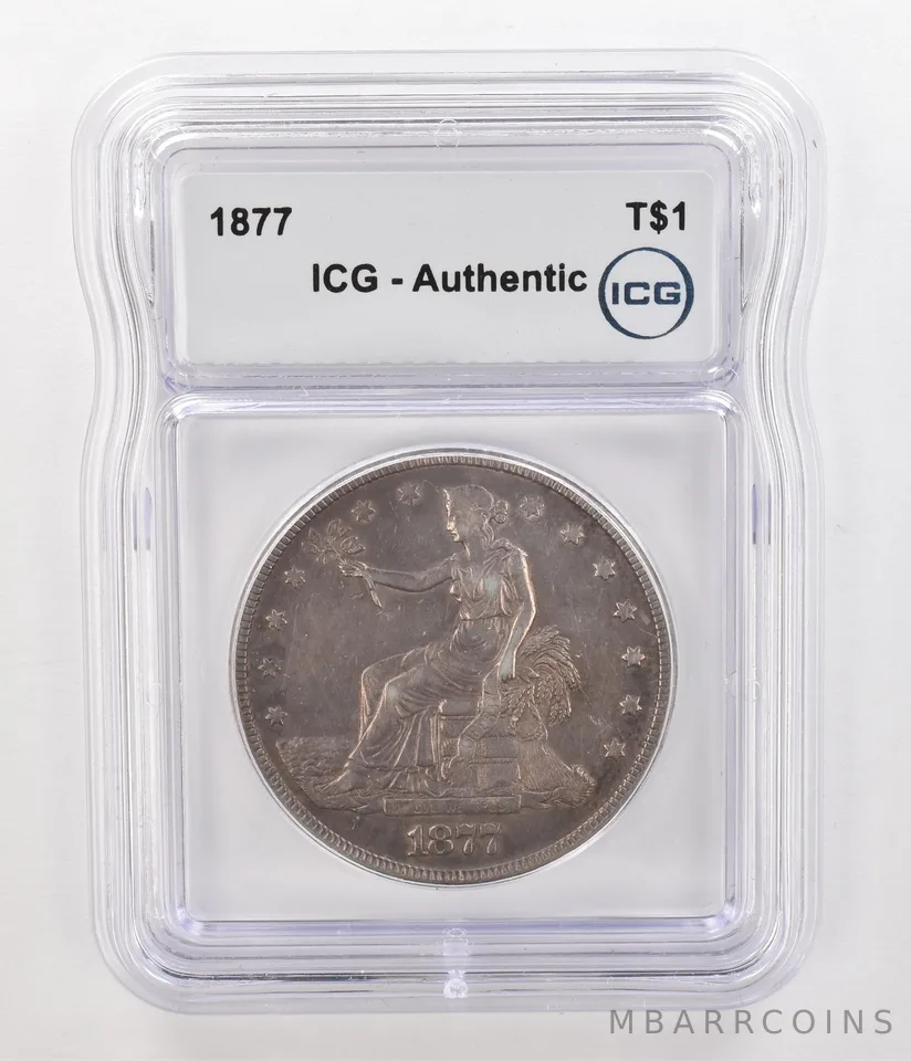 1877 Seated Liberty Trade Dollar Authentic ICG Beautiful Tone *4759