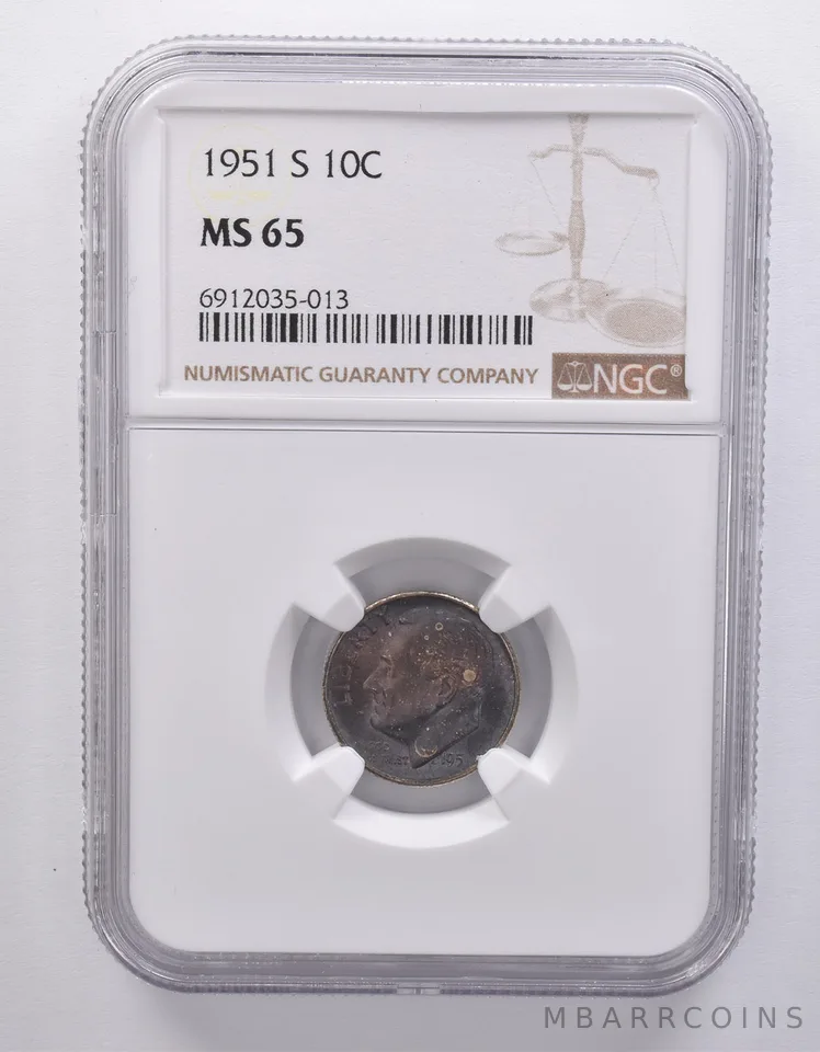 1951-S Roosevelt Dime MS65 NGC Blue/Purple Tone a7180