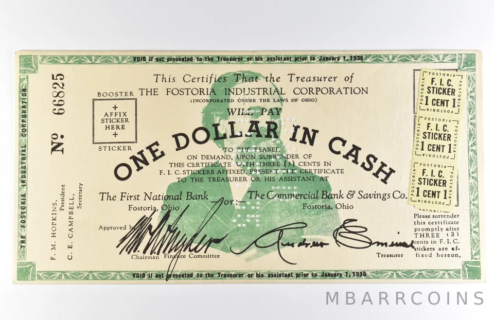 1936 $1 Fostoria OH Industrial Corporation Obsolete Note *8568