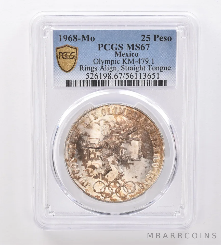 1968 Mo Mexico 25 Pesos Olympic Rings Align Straight Tongue MS67 PCGS Tone *8574
