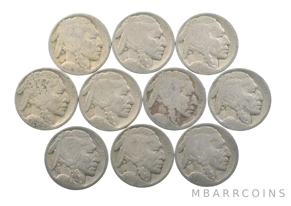 Lot 10 5c RAISED GROUND 1913 Buffalo Nickels First Year Issue! May be P/D/S *621