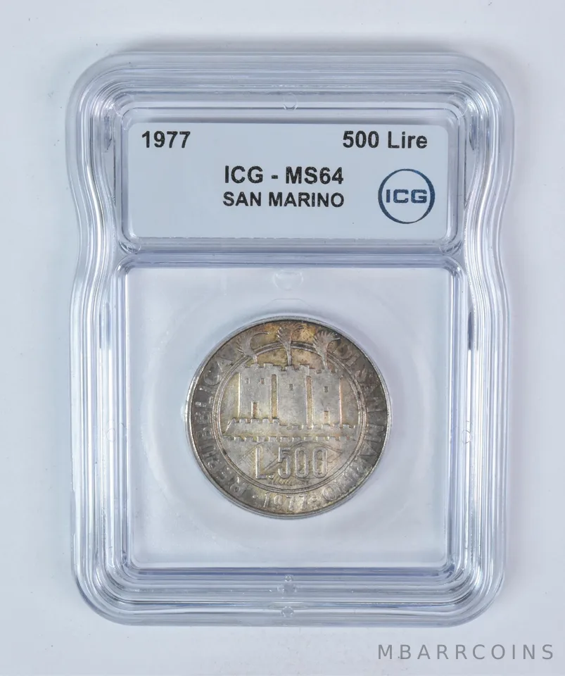 1977 San Marino 500 Lire MS64 ICG Beautiful Tone *5894