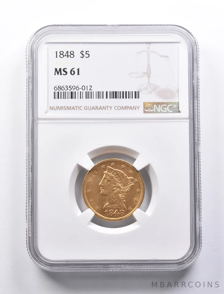 MS61 1848 $5 Liberty Head Gold Half Eagle NGC a1303