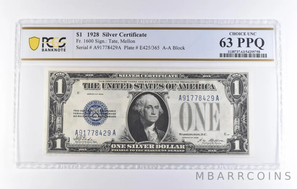 1928 $1 Silver Certificate Fr#1600 Choice Unc 63 PPQ PCGS *8325