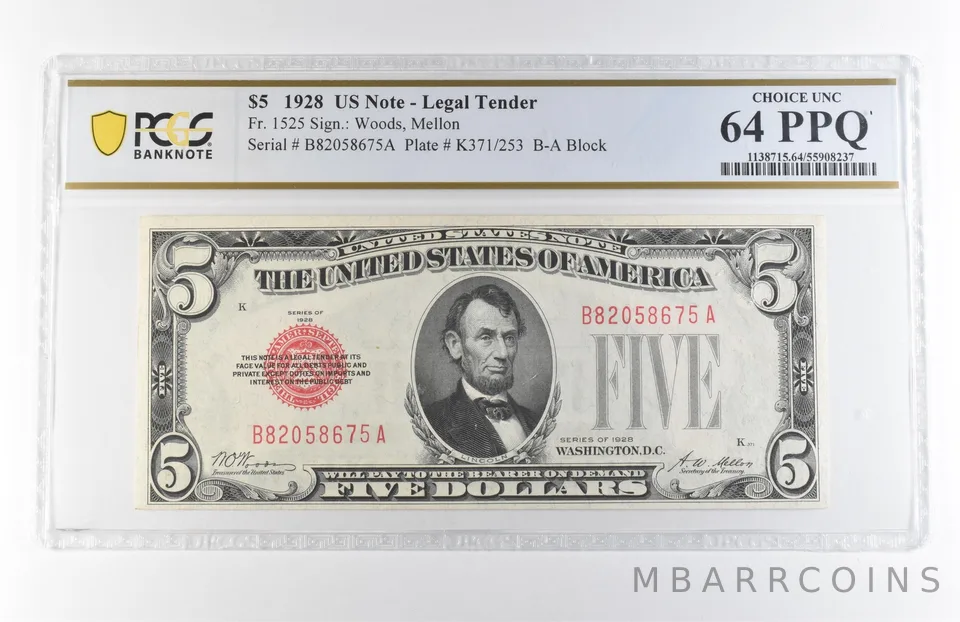 1928 $5 Legal Tender Fr#1525 Choice Unc 64 PPQ PCGS *7913