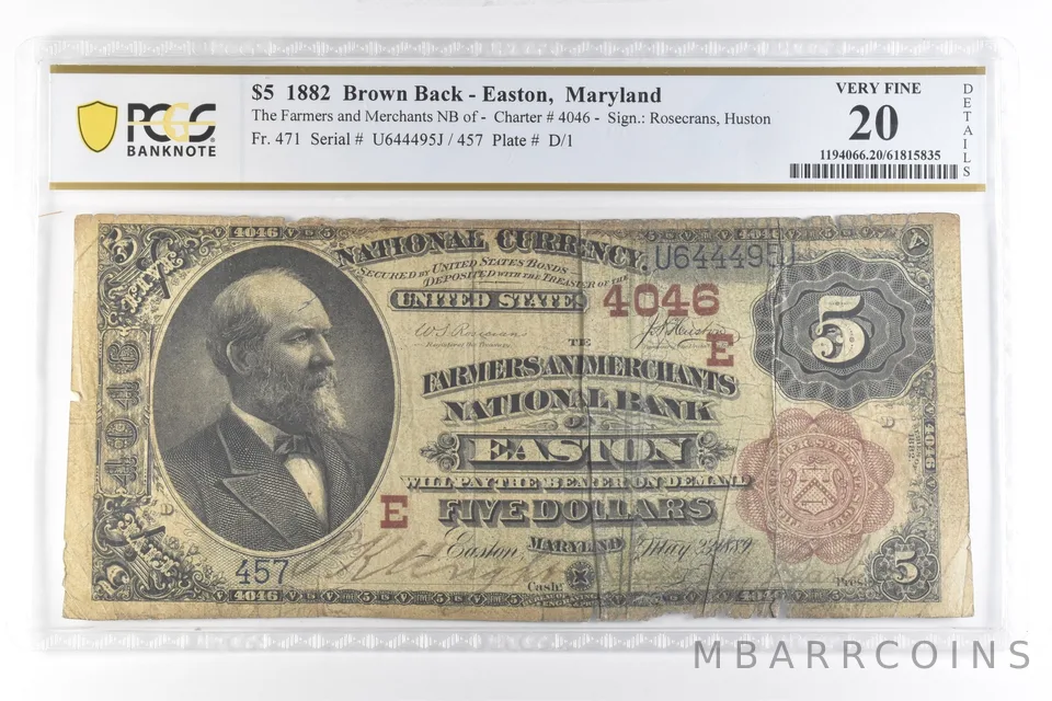 1882 $5 National Currency Easton MD Brown Back Ch#4046 Fr#471 VF 20 PCGS *7406