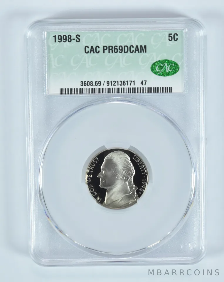 1998-S Jefferson Nickel PR69 DCAM CAC CACg