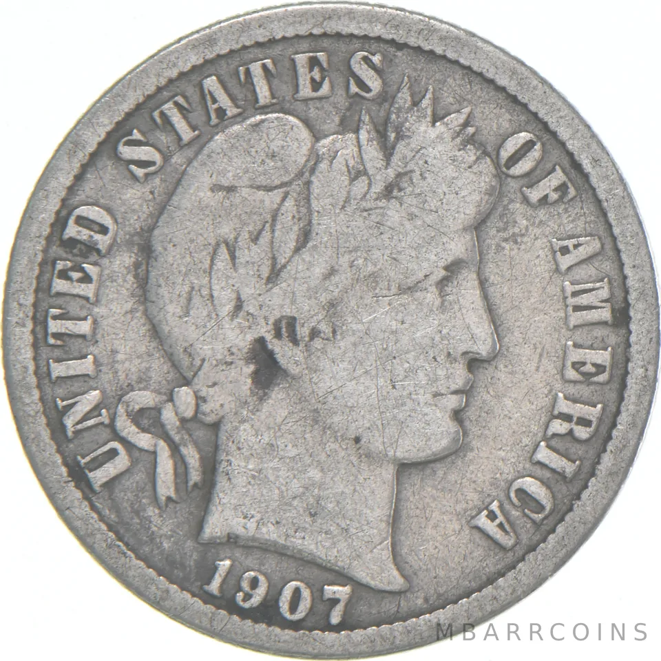 1907-D Barber Dime 90% Silver Average Circ