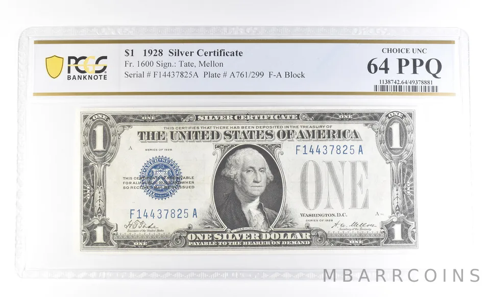 $1 1928 Silver Certificate Fr#1600 Choice Unc 64 PPQ PCGS a4031
