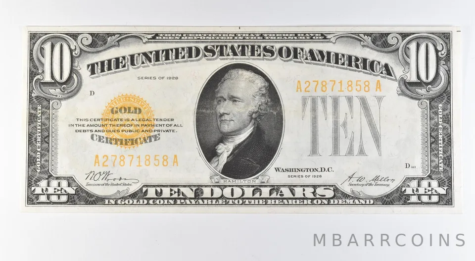 1928 $10 Gold Certificate Yellow Seal Fr#2400 *9574