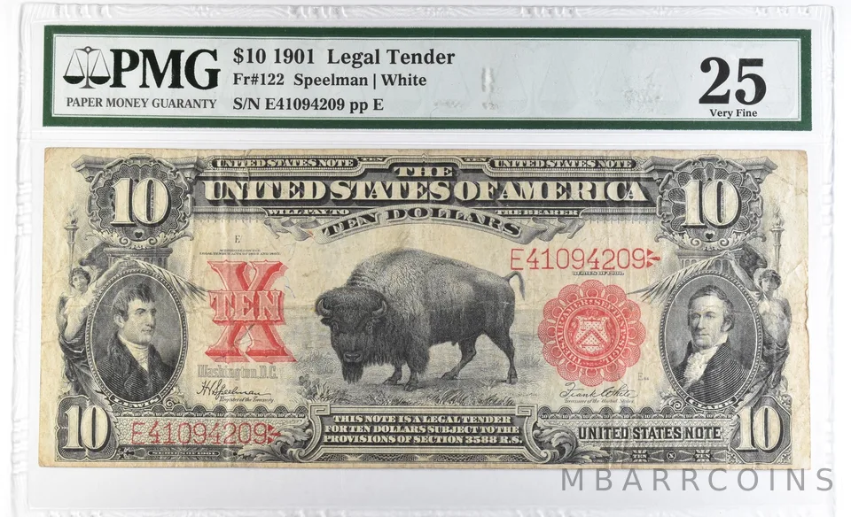 1901 $10 US Legal Tender Fr#122 Large Note Red Seal VF25 PMG a1076