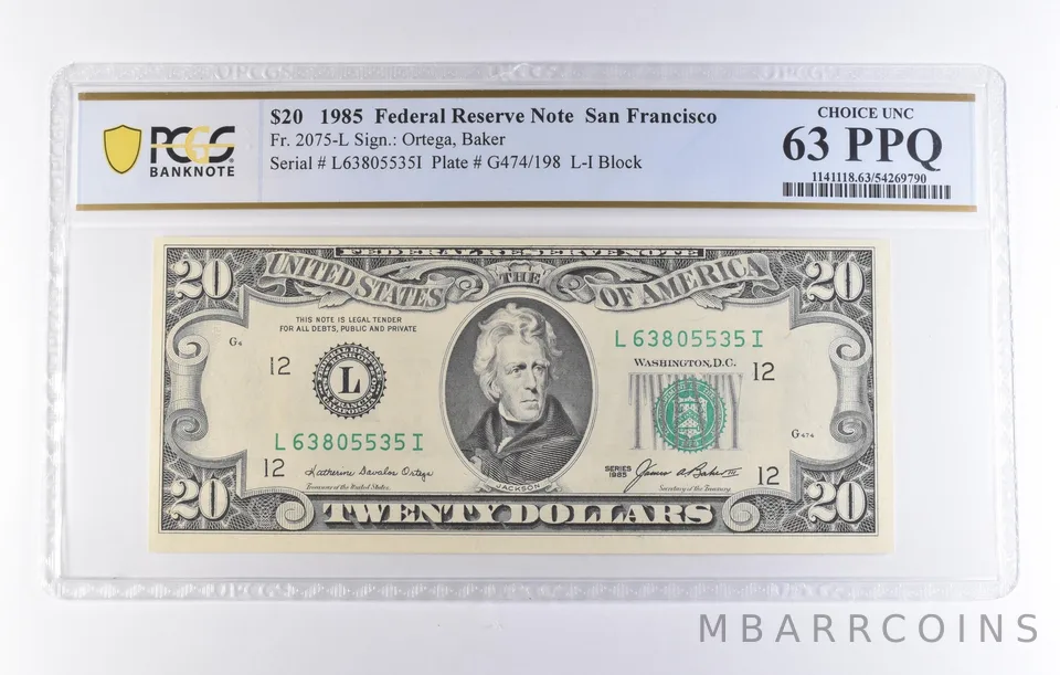 1985 $20 San Francisco CA FRN Fr#2075-L Choice Unc 63 PPQ PCGS *8281