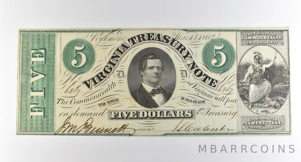 1862 $5 Virginia Treasury Note Obsolete Note *3849
