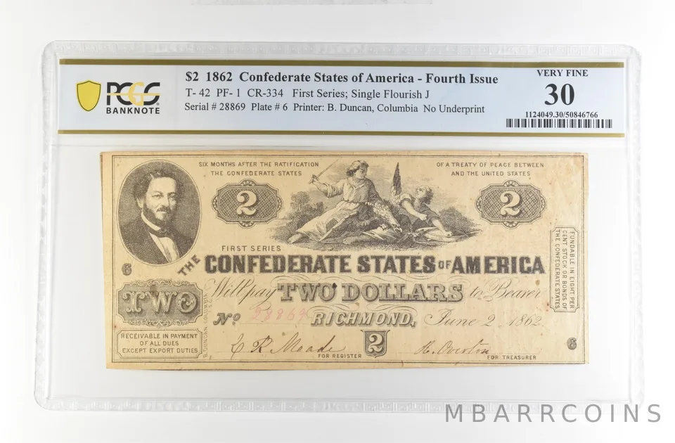 1862 $2 Confederate States America Large Note T-42 PF-1 CR-334 VF 30 PCGS *4194