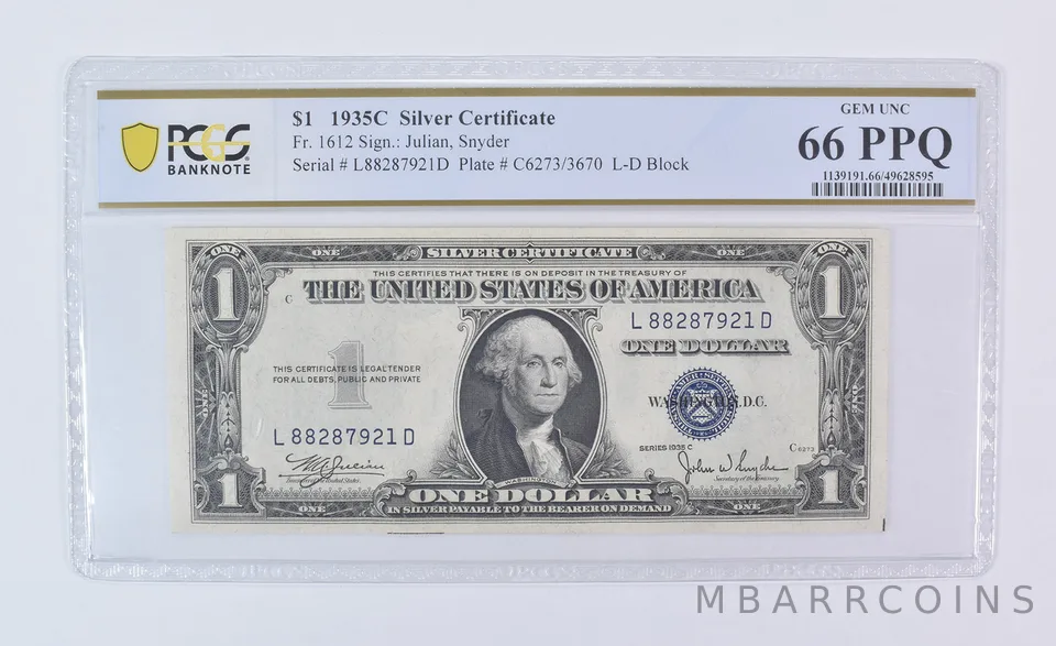 1935 C $1 Silver Certificate Fr#1612 Gem Unc 66 PPQ PCGS