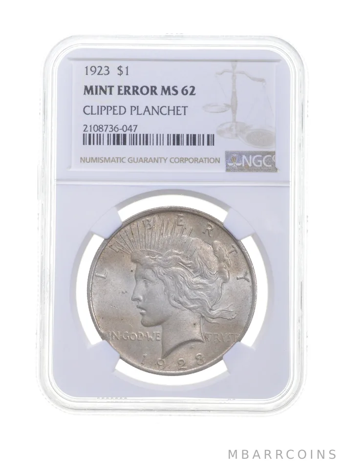 MS62 MINT ERROR 1923 Peace Silver Dollar - Clipped Planchet - Graded NGC *4222
