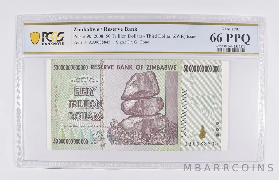 2008 Zimbabwe 50 Trillion Dollars, P-90, PCGS 66 PPQ Gem UNC Authentic