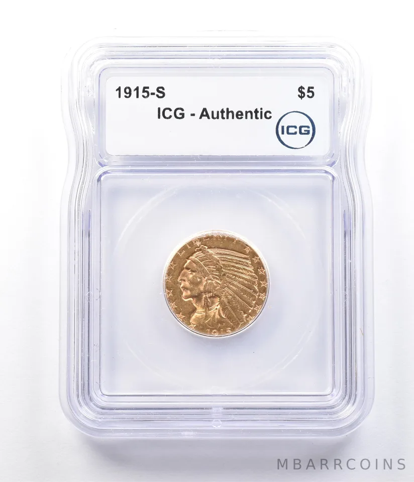 1915-S $5 Indian Head Gold Half Eagle Authentic ICG a2897