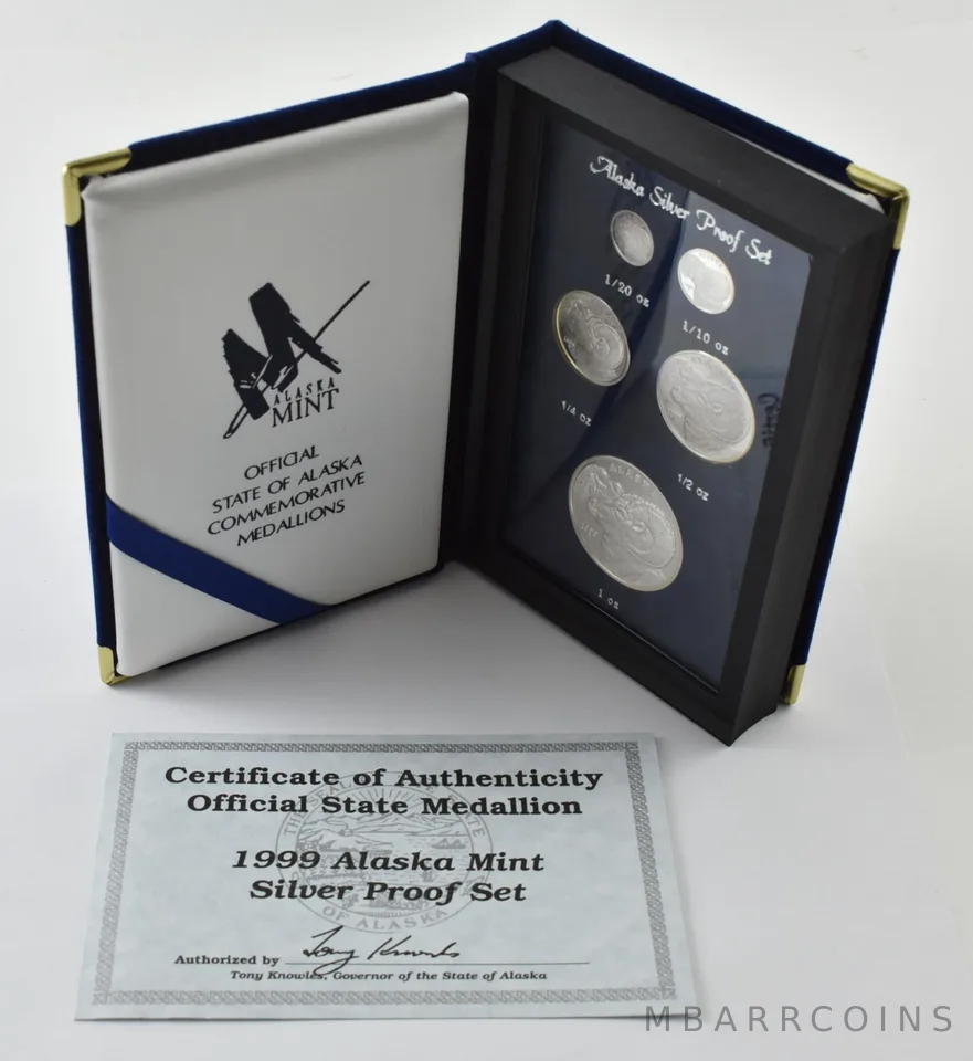1999 Alaska Silver Proof Set Official State Medallion W/ Box + CoA a9386