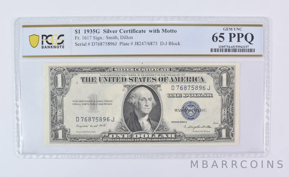 1935 G $1 Silver Certificate With Motto Fr#1617 Gem Unc 65 PPQ PCGS