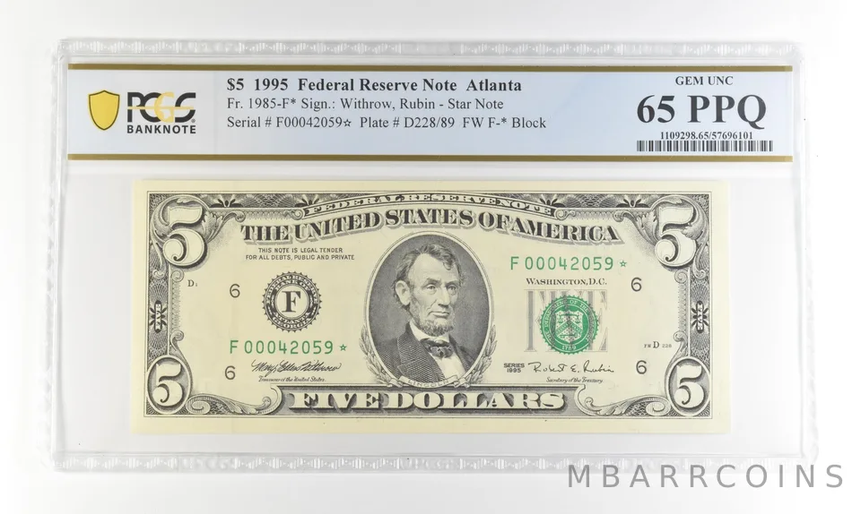 1995 $5 FRN Atlanta GA Fr#1985-F* Star Error Gem Unc 65 PPQ PCGS *4243