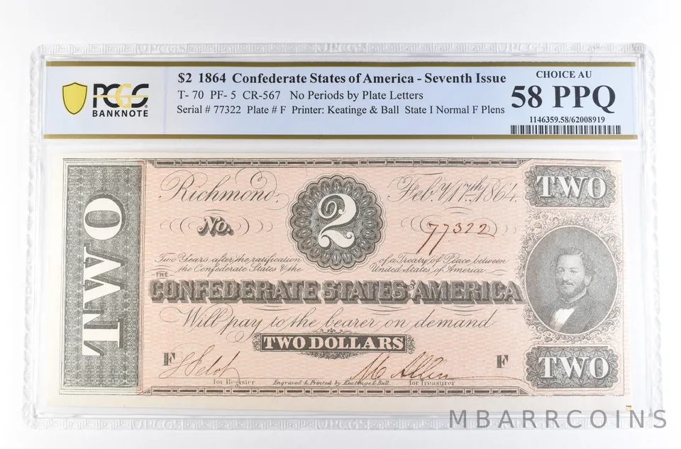 1864 $2 Confederate States of America Seventh Issue Choice AU 58 PPQ PCGS *2354