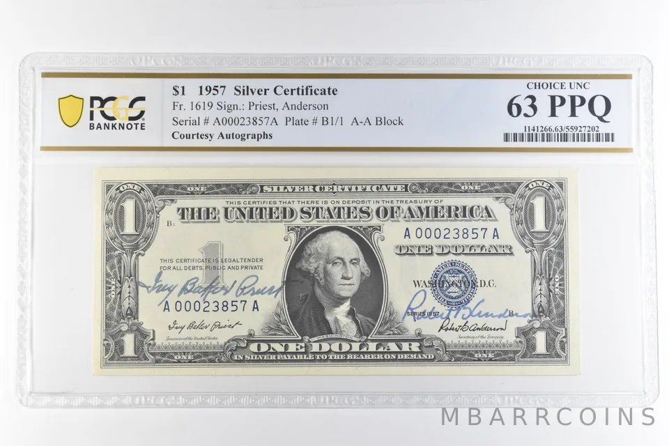 1957 $1 Silver Certificate Courtesy Autographs Fr#1619 Unc 63 PPQ PCGS *6917