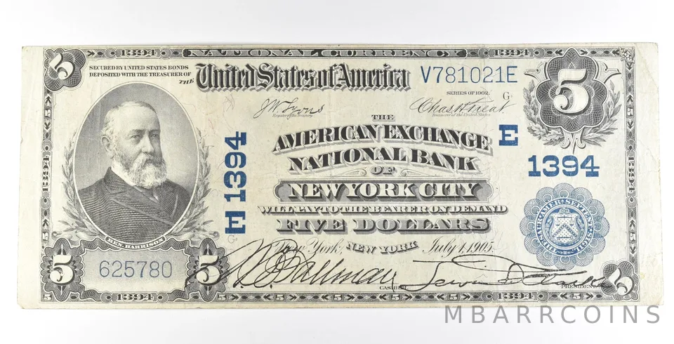 1902 $5 New York NY National Currency Ch#1394 Large Note Blue Seal *5613
