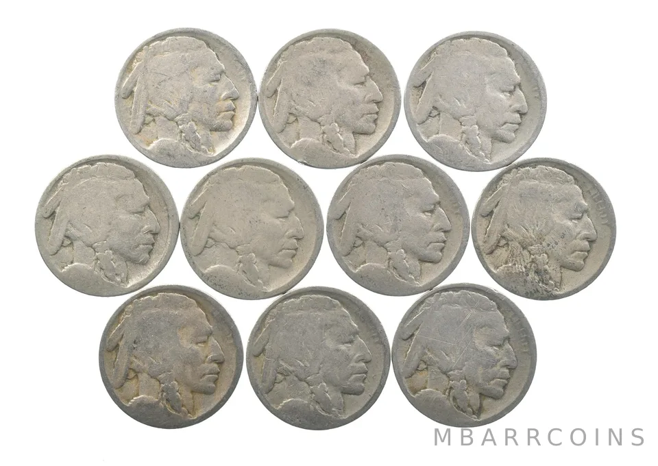 Lot 10 5c RAISED GROUND 1913 Buffalo Nickels First Year Issue! May be P/D/S *636