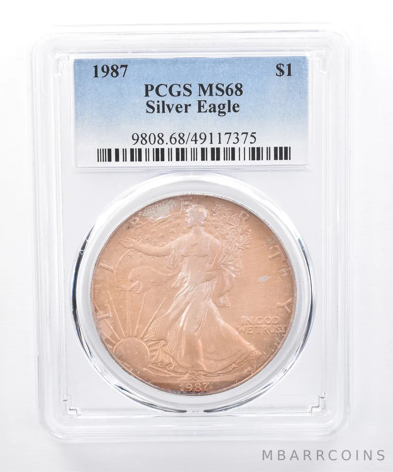 1987 American Silver Eagle MS68 PCGS Purple/Orange Tone *8461