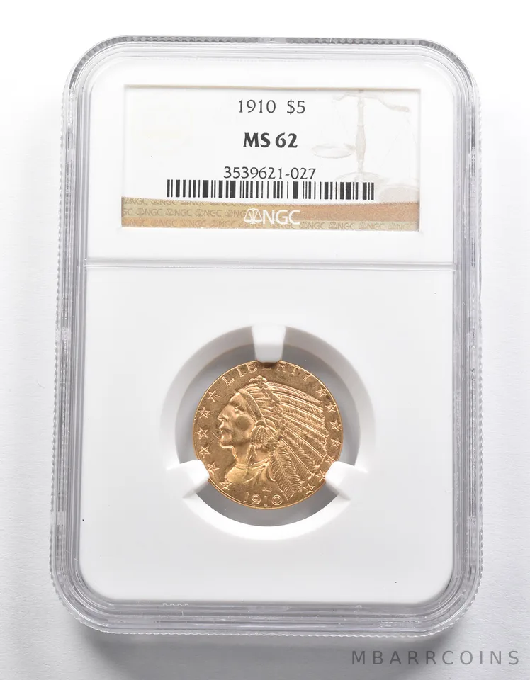 MS62 1910 $5 Indian Head Gold Half Eagle NGC *2298