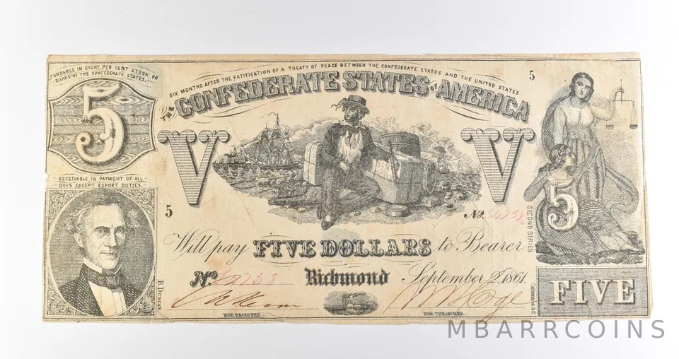 1863 $5 Richmond VA Confederate States Of America Obsolete Note *3889