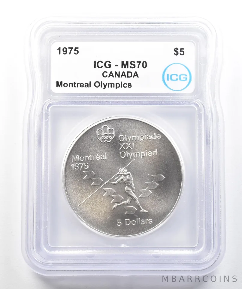 1975 Canada 5 Dollars Silver Montreal Olympics Javelin MS70 ICG *9834