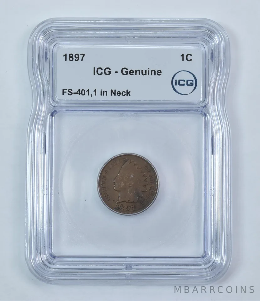 Error 1897 Indian Head Cent FS-401 1 In Neck Genuine ICG *9259
