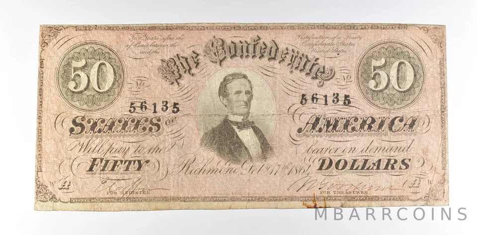1864 $50 Confederate States Of America T-66 Large Note *8527