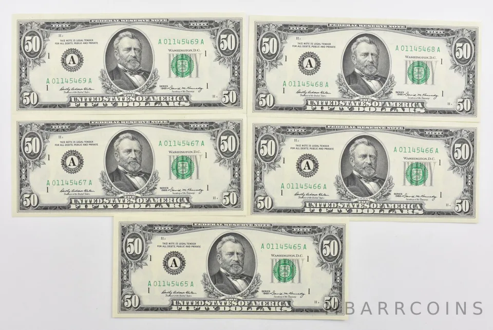 Lot (5) 1969 $50 Boston, MA US FRN Consecutive Notes 2114-A Fr *1916