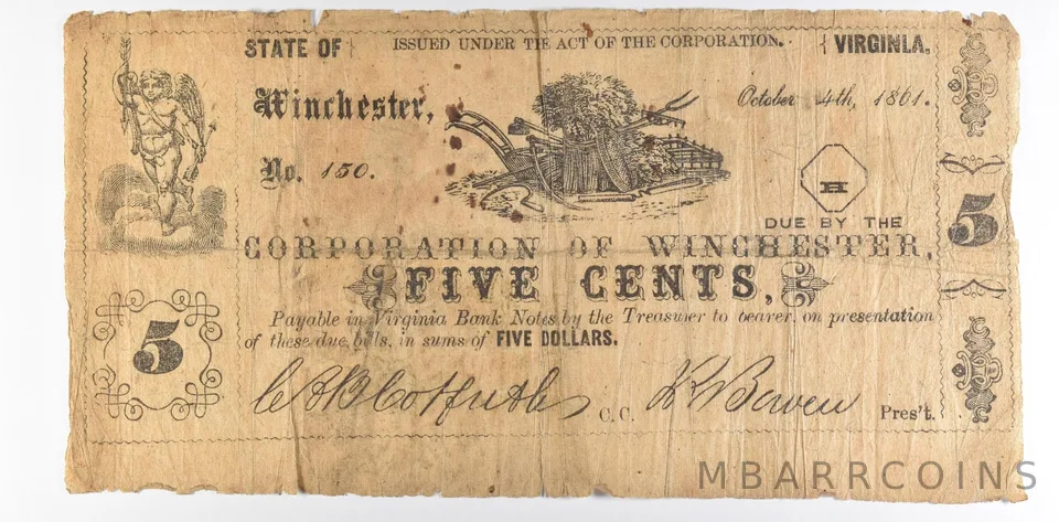 1861 5 Cents Winchester VA Obsolete Note *8833