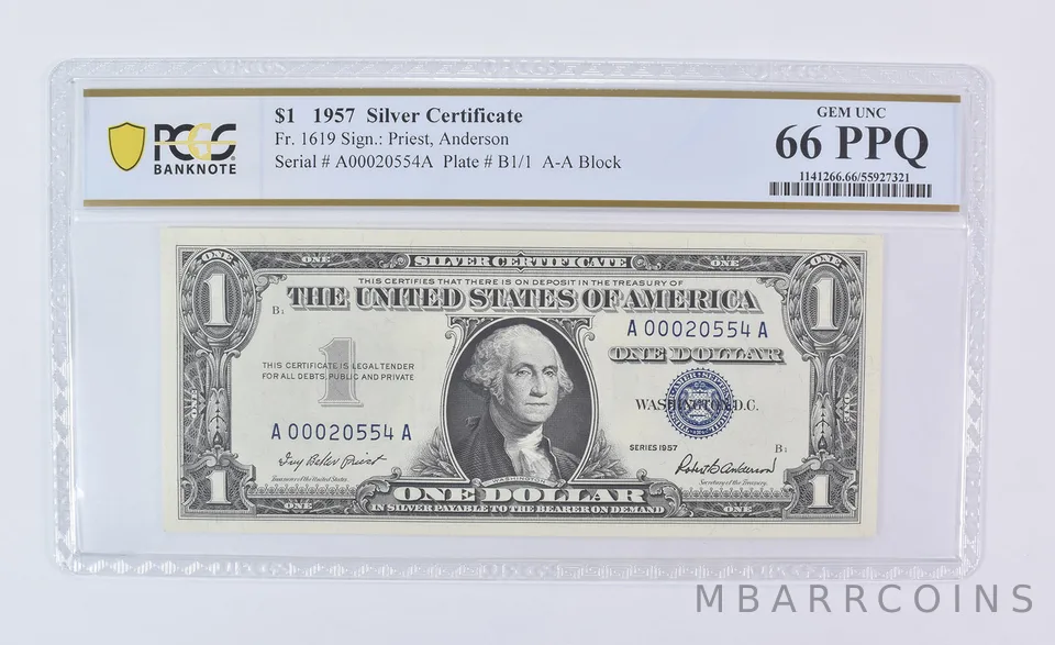 1957 $1 Silver Certificate Fr#1619 Gem Unc 66 PPQ PCGS
