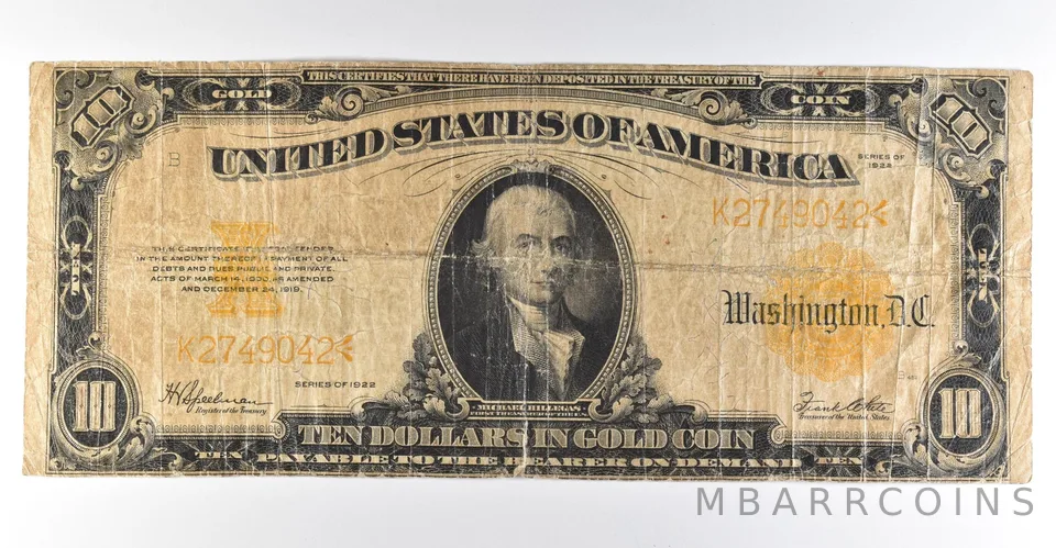 1922 $10 Gold Certificate Large Note Yellow Seal *8345