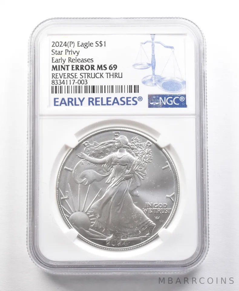 2024 (P) American Silver Eagle Star Privy Error Rev Struck Thru MS69 NGC a5671