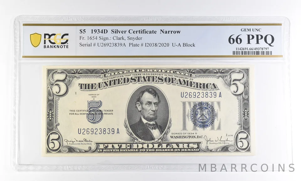 1934 D $5 Silver Certificate Narrow Fr#1654 Gem Unc 66 PPQ PCGS a2750