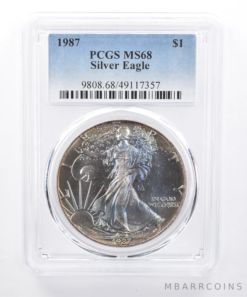 1987 American Silver Eagle MS68 PCGS Blue/Purple Tone *8480