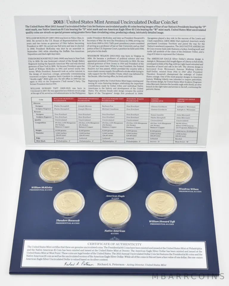 2013 Presidential & Sacagawea US Mint Annual Dollar Set NO ASE (5 coins)