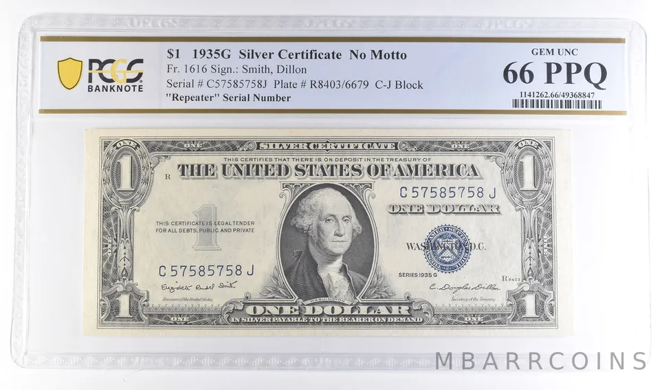 1935 G $1 Silver Certificate No Motto Fr#1616 Repeater Serial 66 PPQ PCGS a6123