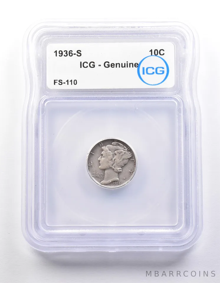 1936-S Mercury Dime FS-110 Genuine ICG a9841