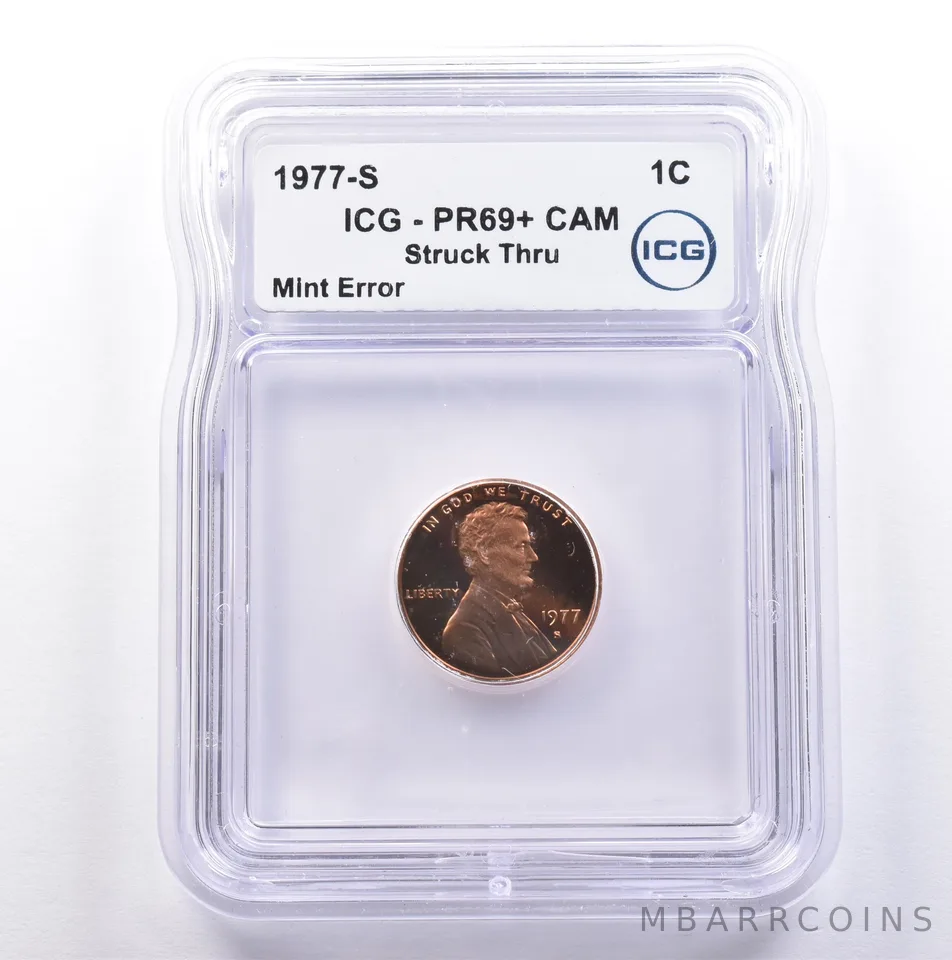 1977-S Lincoln Memorial Cent Mint Error Struck Thru PR69+ CAM ICG *9022