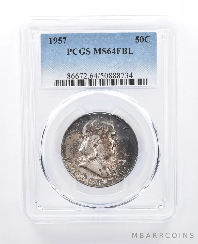 1957 Franklin Half Dollar MS64 FBL PCGS Blue-Grey Tone *8120