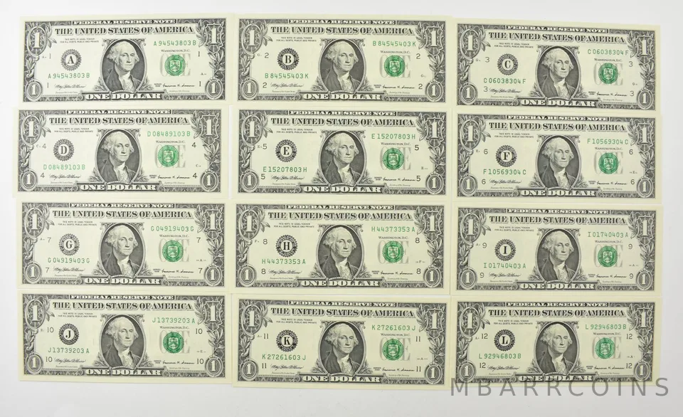 Lot (12) 1999 $1 FRN Complete District Set a7942