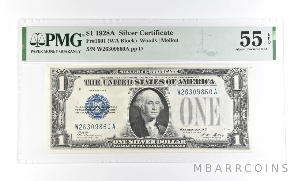 1928 A $1 Silver Certificate Fr#1601 About Unc 55 EPQ PMG a6979