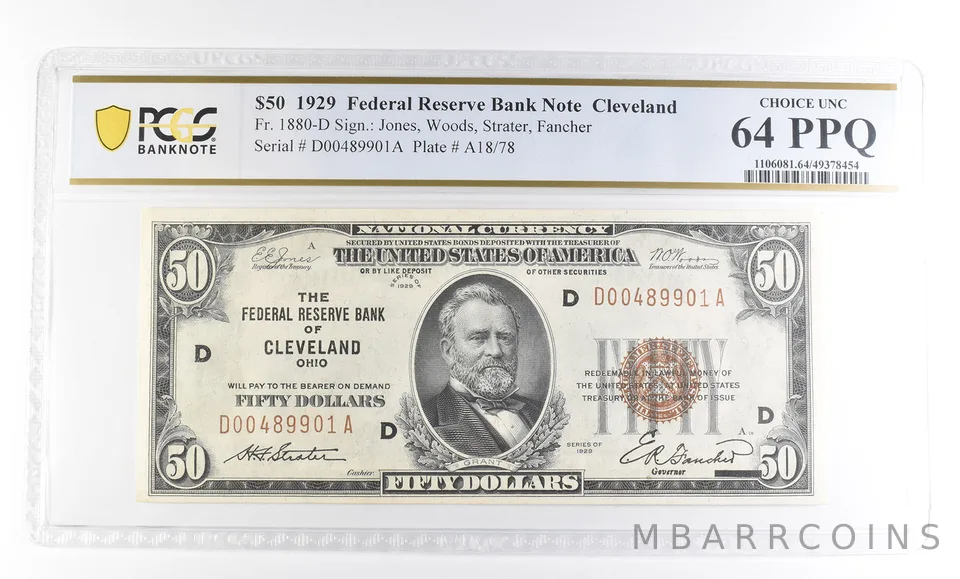1929 $50 Cleveland OH Fed. Reserve Bank Fr#1880-D Choice Unc 64 PPQ PCGS *2514